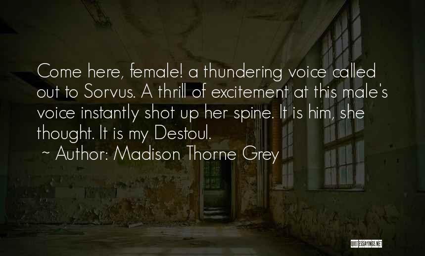 Madison Thorne Grey Quotes: Come Here, Female! A Thundering Voice Called Out To Sorvus. A Thrill Of Excitement At This Male's Voice Instantly Shot