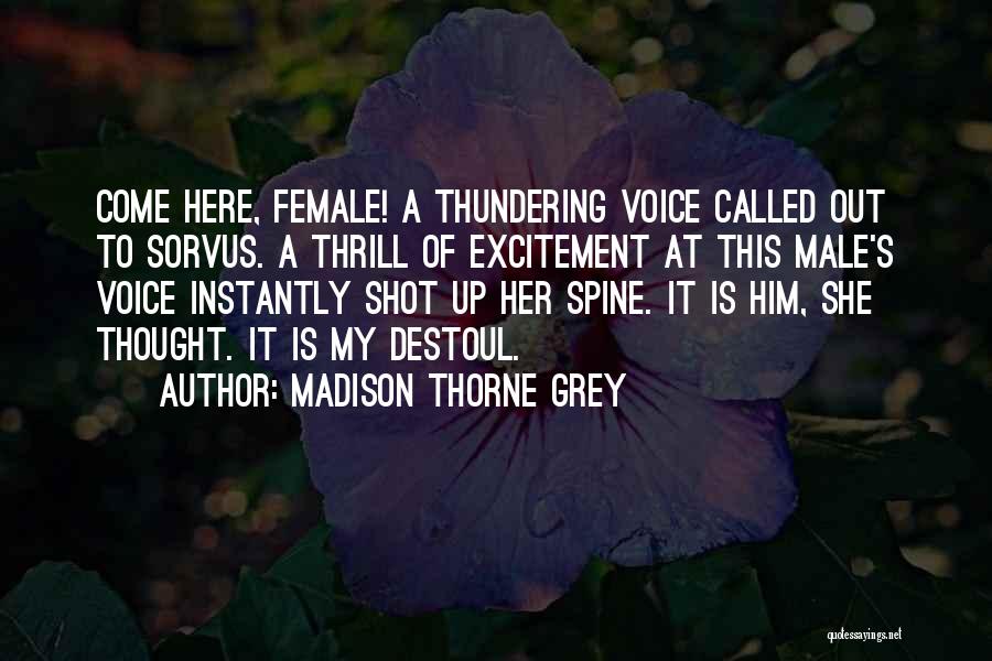 Madison Thorne Grey Quotes: Come Here, Female! A Thundering Voice Called Out To Sorvus. A Thrill Of Excitement At This Male's Voice Instantly Shot