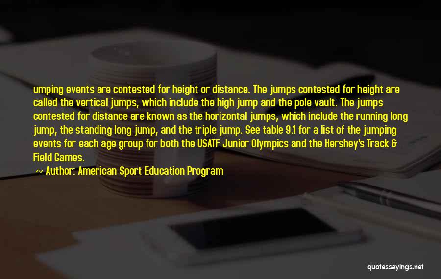 American Sport Education Program Quotes: Umping Events Are Contested For Height Or Distance. The Jumps Contested For Height Are Called The Vertical Jumps, Which Include