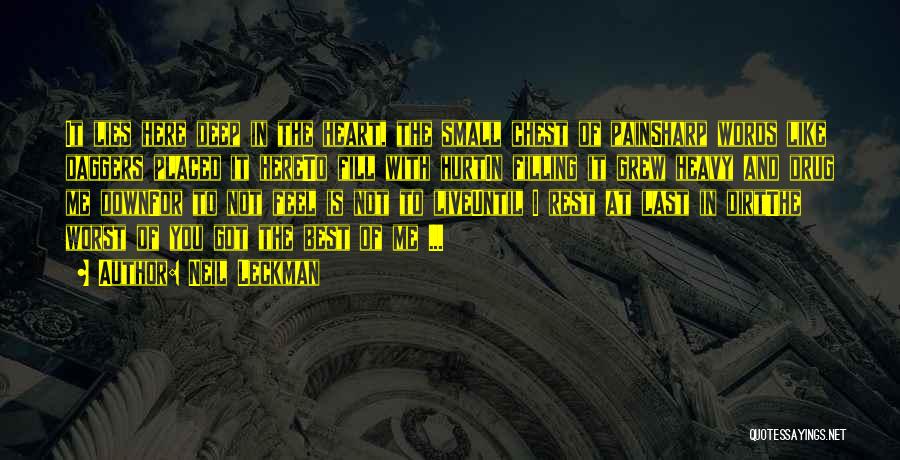 Neil Leckman Quotes: It Lies Here Deep In The Heart, The Small Chest Of Painsharp Words Like Daggers Placed It Hereto Fill With