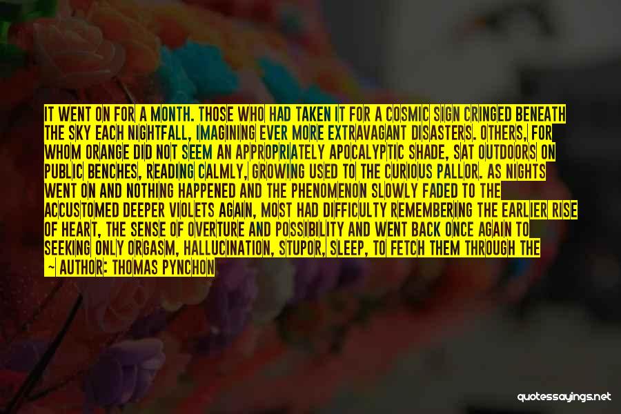 Thomas Pynchon Quotes: It Went On For A Month. Those Who Had Taken It For A Cosmic Sign Cringed Beneath The Sky Each