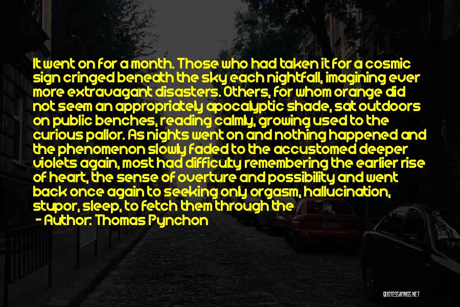 Thomas Pynchon Quotes: It Went On For A Month. Those Who Had Taken It For A Cosmic Sign Cringed Beneath The Sky Each