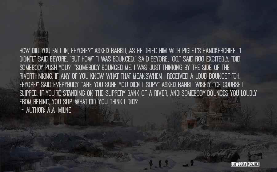 A.A. Milne Quotes: How Did You Fall In, Eeyore? Asked Rabbit, As He Dried Him With Piglet's Handkerchief. I Didn't, Said Eeyore. But