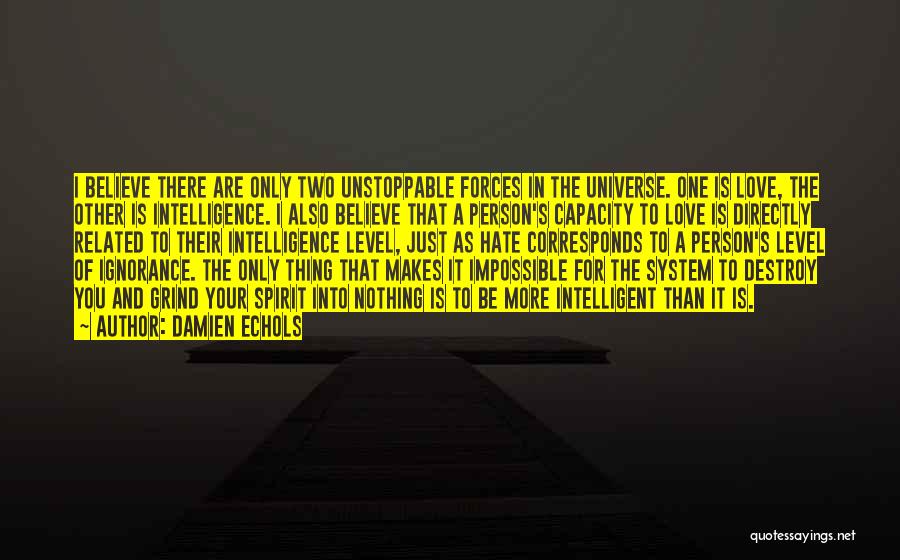 Damien Echols Quotes: I Believe There Are Only Two Unstoppable Forces In The Universe. One Is Love, The Other Is Intelligence. I Also