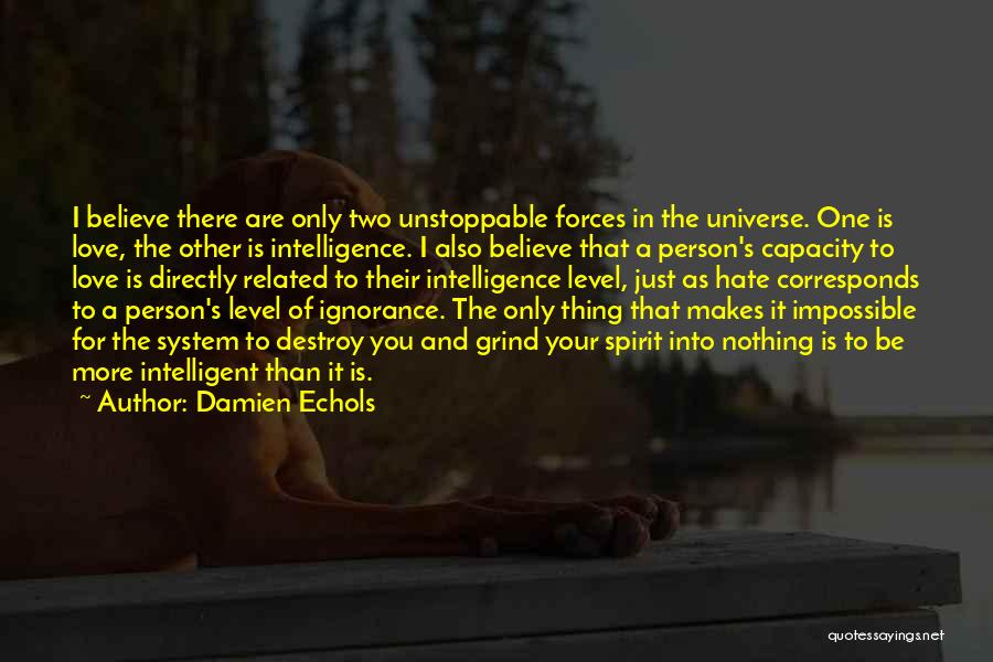 Damien Echols Quotes: I Believe There Are Only Two Unstoppable Forces In The Universe. One Is Love, The Other Is Intelligence. I Also