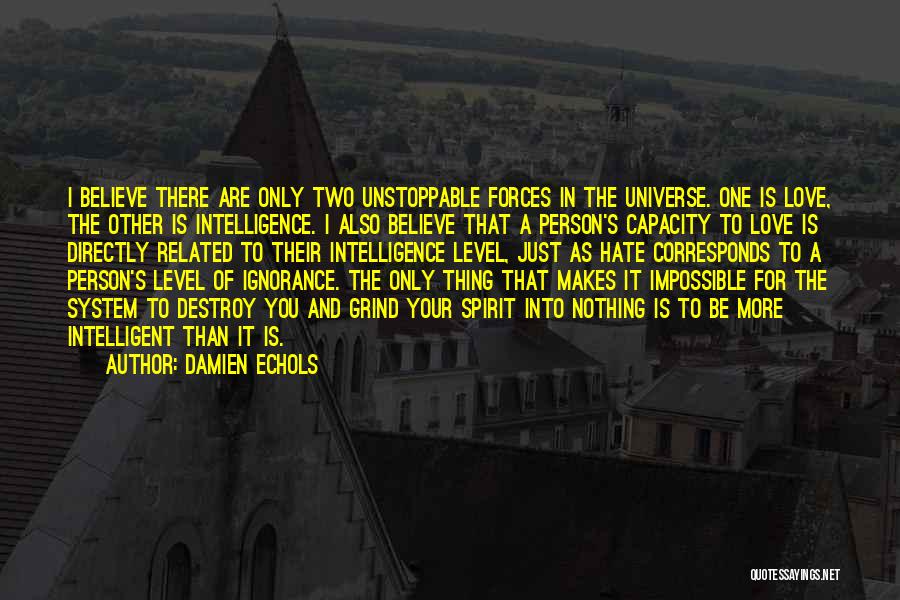 Damien Echols Quotes: I Believe There Are Only Two Unstoppable Forces In The Universe. One Is Love, The Other Is Intelligence. I Also