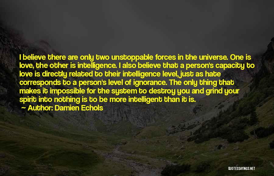 Damien Echols Quotes: I Believe There Are Only Two Unstoppable Forces In The Universe. One Is Love, The Other Is Intelligence. I Also