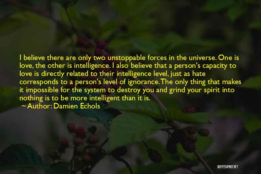 Damien Echols Quotes: I Believe There Are Only Two Unstoppable Forces In The Universe. One Is Love, The Other Is Intelligence. I Also
