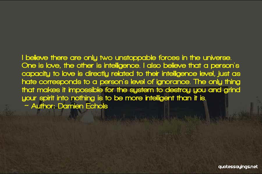 Damien Echols Quotes: I Believe There Are Only Two Unstoppable Forces In The Universe. One Is Love, The Other Is Intelligence. I Also