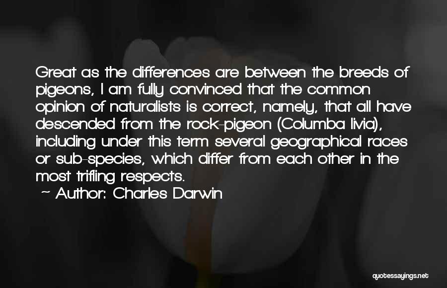 Charles Darwin Quotes: Great As The Differences Are Between The Breeds Of Pigeons, I Am Fully Convinced That The Common Opinion Of Naturalists