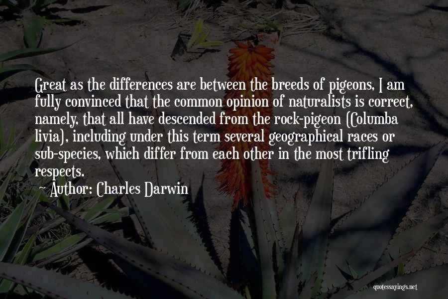 Charles Darwin Quotes: Great As The Differences Are Between The Breeds Of Pigeons, I Am Fully Convinced That The Common Opinion Of Naturalists