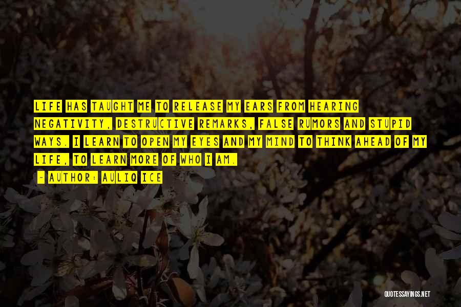 Auliq Ice Quotes: Life Has Taught Me To Release My Ears From Hearing Negativity, Destructive Remarks, False Rumors And Stupid Ways. I Learn