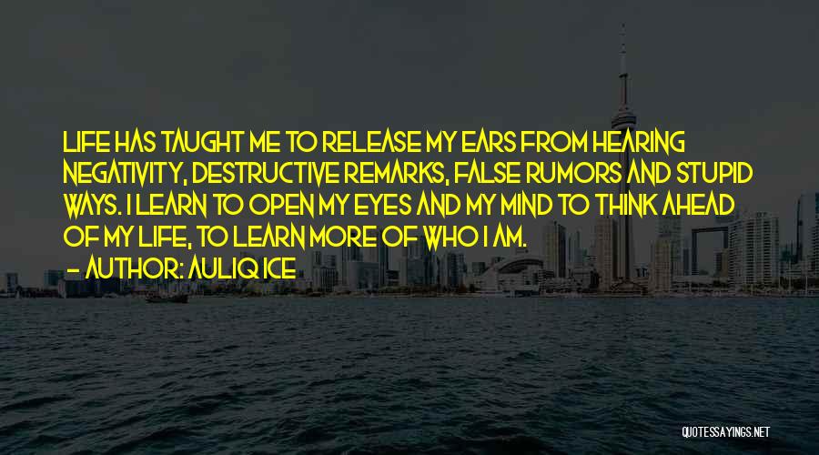 Auliq Ice Quotes: Life Has Taught Me To Release My Ears From Hearing Negativity, Destructive Remarks, False Rumors And Stupid Ways. I Learn