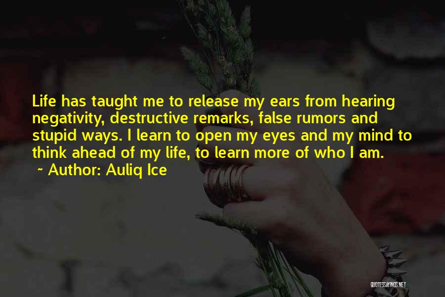 Auliq Ice Quotes: Life Has Taught Me To Release My Ears From Hearing Negativity, Destructive Remarks, False Rumors And Stupid Ways. I Learn