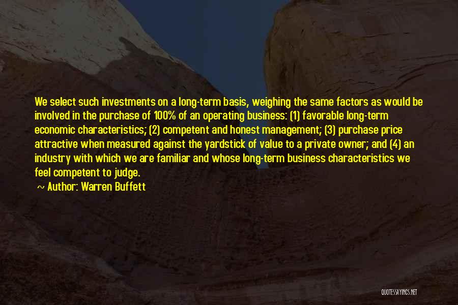 Warren Buffett Quotes: We Select Such Investments On A Long-term Basis, Weighing The Same Factors As Would Be Involved In The Purchase Of