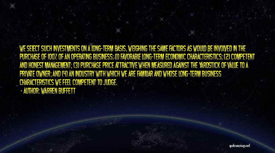 Warren Buffett Quotes: We Select Such Investments On A Long-term Basis, Weighing The Same Factors As Would Be Involved In The Purchase Of