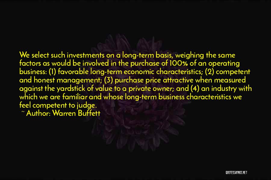 Warren Buffett Quotes: We Select Such Investments On A Long-term Basis, Weighing The Same Factors As Would Be Involved In The Purchase Of