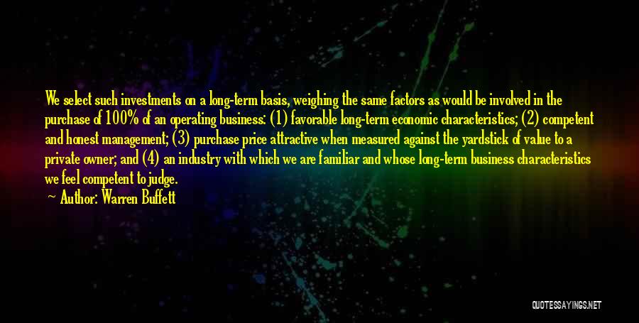 Warren Buffett Quotes: We Select Such Investments On A Long-term Basis, Weighing The Same Factors As Would Be Involved In The Purchase Of