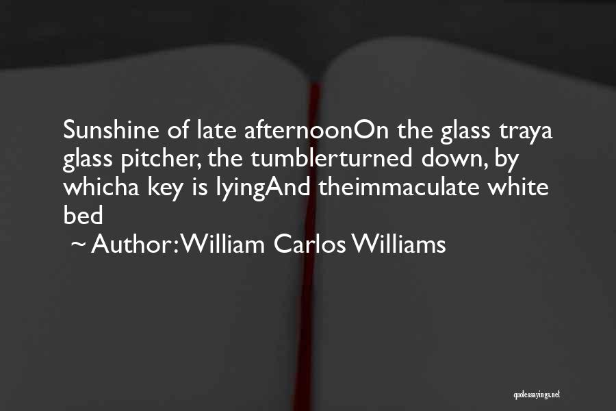 William Carlos Williams Quotes: Sunshine Of Late Afternoonon The Glass Traya Glass Pitcher, The Tumblerturned Down, By Whicha Key Is Lyingand Theimmaculate White Bed