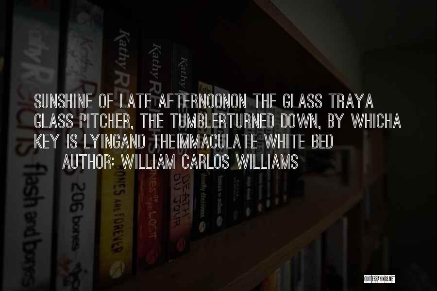 William Carlos Williams Quotes: Sunshine Of Late Afternoonon The Glass Traya Glass Pitcher, The Tumblerturned Down, By Whicha Key Is Lyingand Theimmaculate White Bed