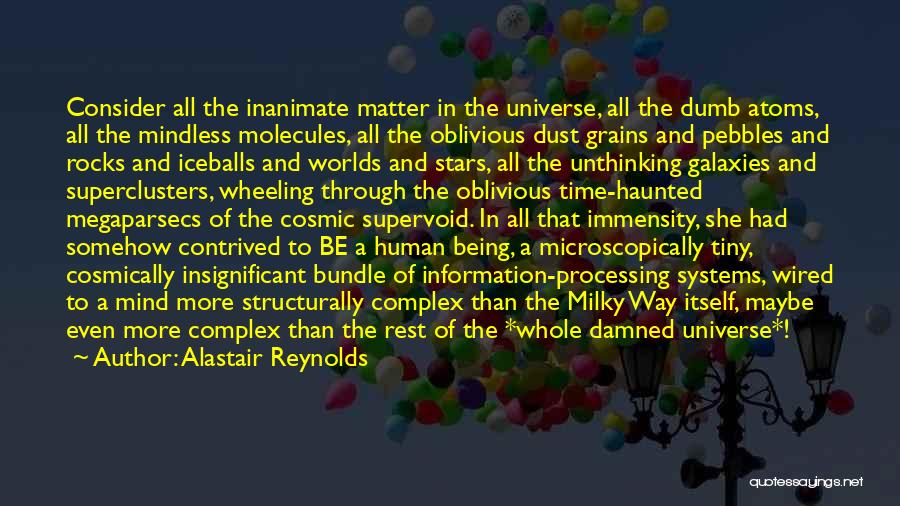 Alastair Reynolds Quotes: Consider All The Inanimate Matter In The Universe, All The Dumb Atoms, All The Mindless Molecules, All The Oblivious Dust