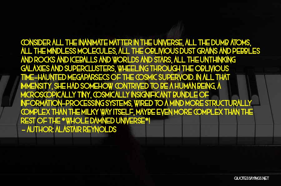 Alastair Reynolds Quotes: Consider All The Inanimate Matter In The Universe, All The Dumb Atoms, All The Mindless Molecules, All The Oblivious Dust