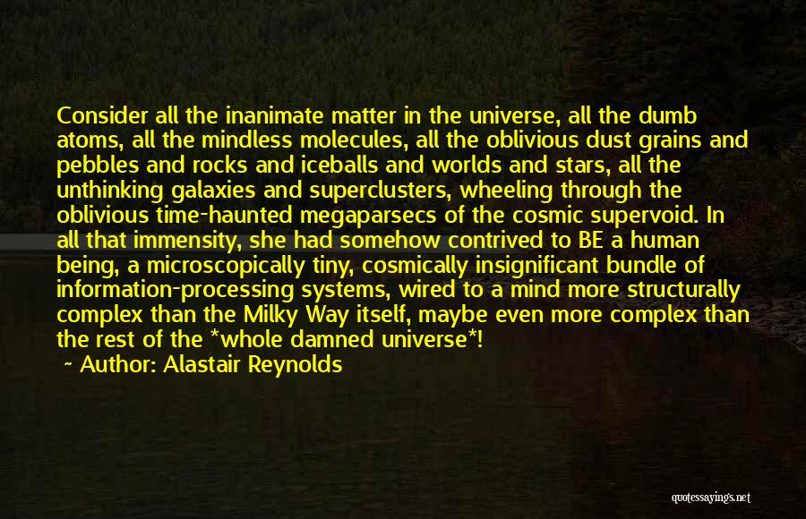 Alastair Reynolds Quotes: Consider All The Inanimate Matter In The Universe, All The Dumb Atoms, All The Mindless Molecules, All The Oblivious Dust