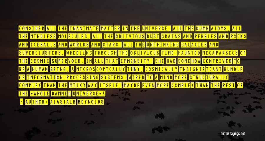 Alastair Reynolds Quotes: Consider All The Inanimate Matter In The Universe, All The Dumb Atoms, All The Mindless Molecules, All The Oblivious Dust