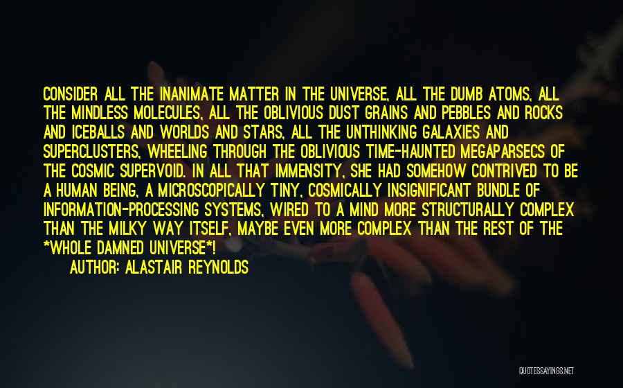 Alastair Reynolds Quotes: Consider All The Inanimate Matter In The Universe, All The Dumb Atoms, All The Mindless Molecules, All The Oblivious Dust