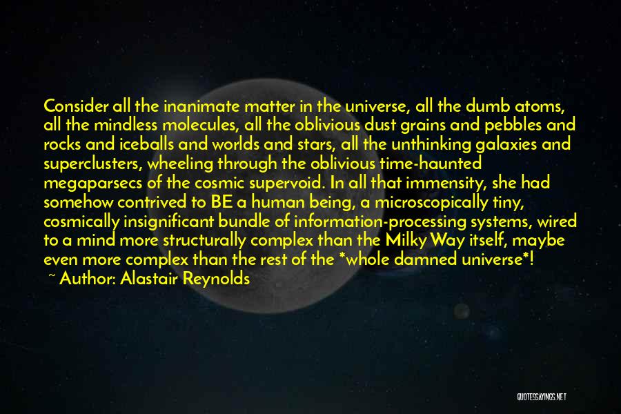 Alastair Reynolds Quotes: Consider All The Inanimate Matter In The Universe, All The Dumb Atoms, All The Mindless Molecules, All The Oblivious Dust