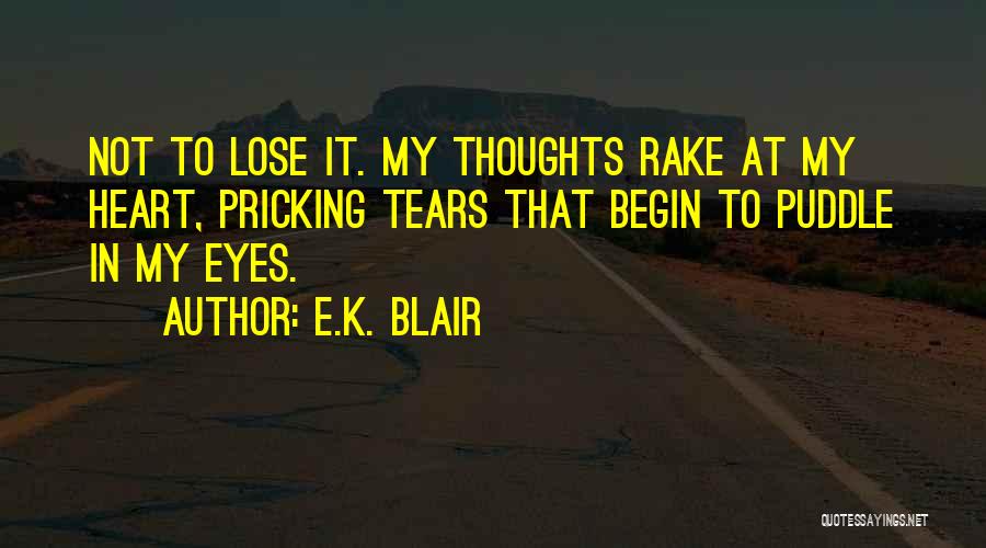 E.K. Blair Quotes: Not To Lose It. My Thoughts Rake At My Heart, Pricking Tears That Begin To Puddle In My Eyes.