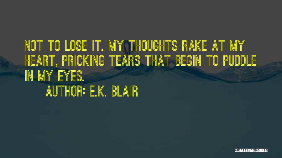 E.K. Blair Quotes: Not To Lose It. My Thoughts Rake At My Heart, Pricking Tears That Begin To Puddle In My Eyes.