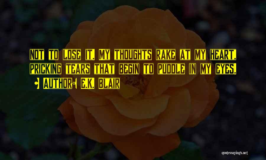 E.K. Blair Quotes: Not To Lose It. My Thoughts Rake At My Heart, Pricking Tears That Begin To Puddle In My Eyes.