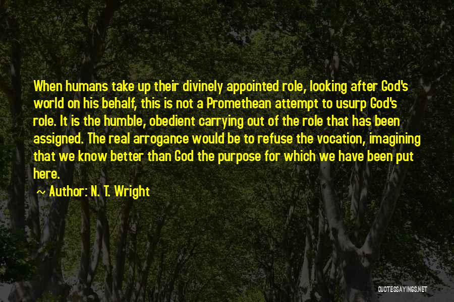 N. T. Wright Quotes: When Humans Take Up Their Divinely Appointed Role, Looking After God's World On His Behalf, This Is Not A Promethean