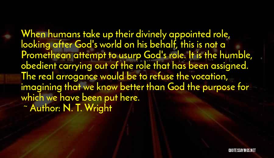 N. T. Wright Quotes: When Humans Take Up Their Divinely Appointed Role, Looking After God's World On His Behalf, This Is Not A Promethean