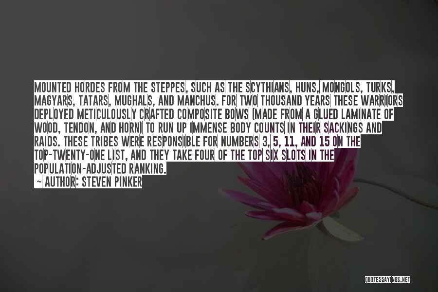 Steven Pinker Quotes: Mounted Hordes From The Steppes, Such As The Scythians, Huns, Mongols, Turks, Magyars, Tatars, Mughals, And Manchus. For Two Thousand