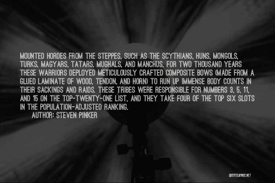 Steven Pinker Quotes: Mounted Hordes From The Steppes, Such As The Scythians, Huns, Mongols, Turks, Magyars, Tatars, Mughals, And Manchus. For Two Thousand