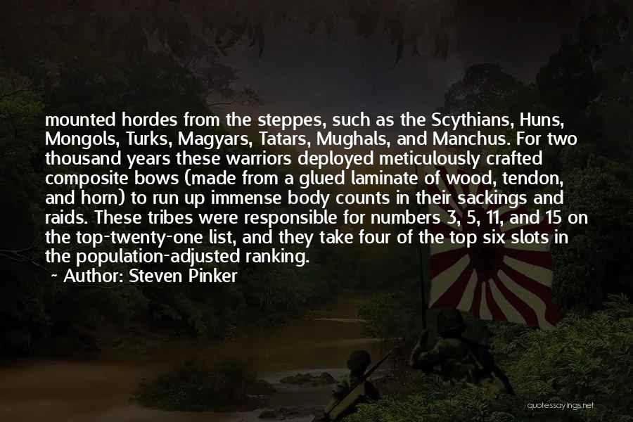 Steven Pinker Quotes: Mounted Hordes From The Steppes, Such As The Scythians, Huns, Mongols, Turks, Magyars, Tatars, Mughals, And Manchus. For Two Thousand