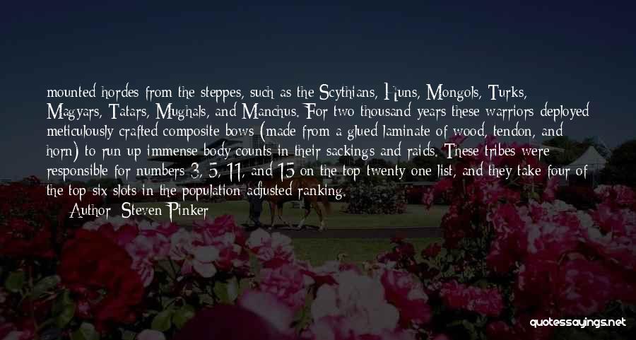 Steven Pinker Quotes: Mounted Hordes From The Steppes, Such As The Scythians, Huns, Mongols, Turks, Magyars, Tatars, Mughals, And Manchus. For Two Thousand