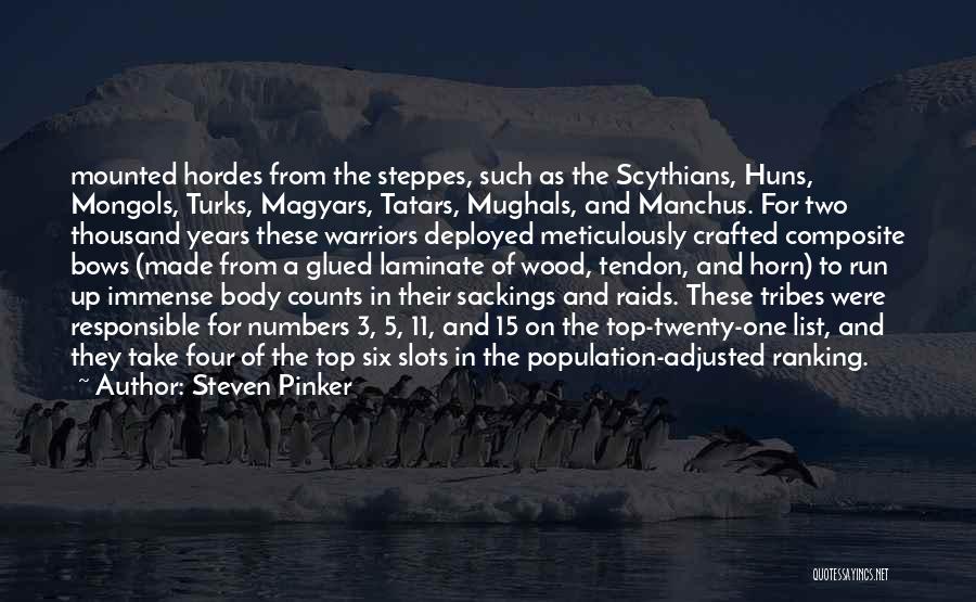 Steven Pinker Quotes: Mounted Hordes From The Steppes, Such As The Scythians, Huns, Mongols, Turks, Magyars, Tatars, Mughals, And Manchus. For Two Thousand