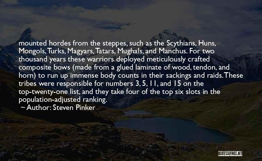 Steven Pinker Quotes: Mounted Hordes From The Steppes, Such As The Scythians, Huns, Mongols, Turks, Magyars, Tatars, Mughals, And Manchus. For Two Thousand