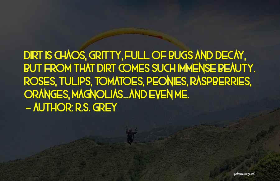 R.S. Grey Quotes: Dirt Is Chaos, Gritty, Full Of Bugs And Decay, But From That Dirt Comes Such Immense Beauty. Roses, Tulips, Tomatoes,