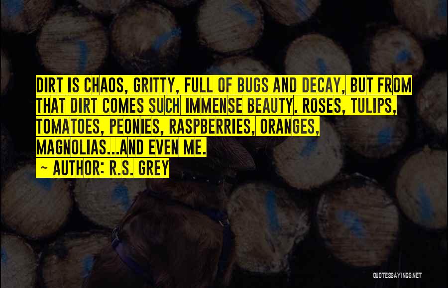 R.S. Grey Quotes: Dirt Is Chaos, Gritty, Full Of Bugs And Decay, But From That Dirt Comes Such Immense Beauty. Roses, Tulips, Tomatoes,