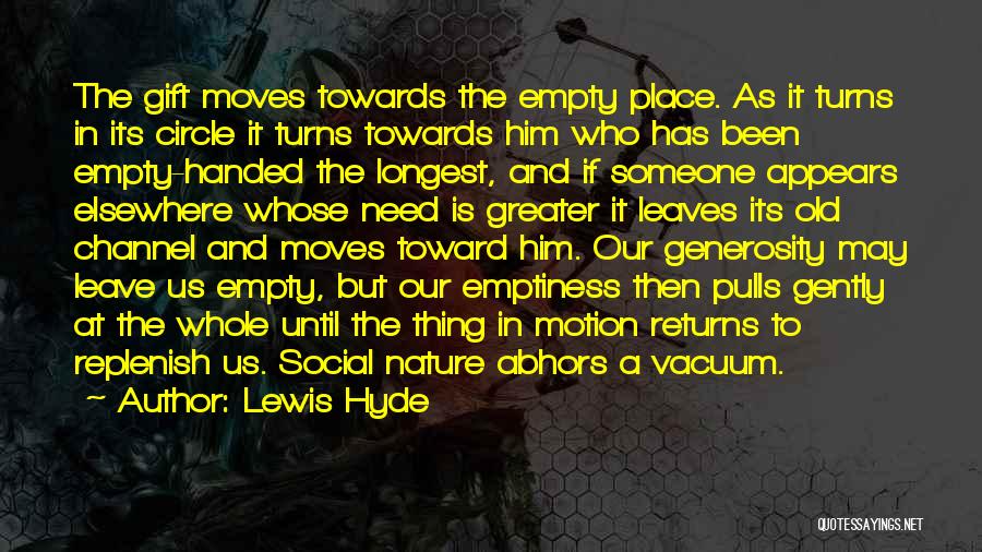 Lewis Hyde Quotes: The Gift Moves Towards The Empty Place. As It Turns In Its Circle It Turns Towards Him Who Has Been