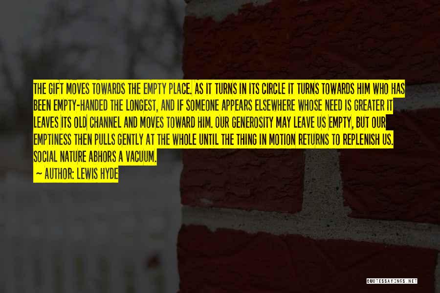 Lewis Hyde Quotes: The Gift Moves Towards The Empty Place. As It Turns In Its Circle It Turns Towards Him Who Has Been