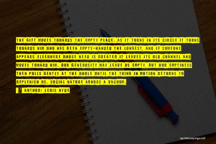Lewis Hyde Quotes: The Gift Moves Towards The Empty Place. As It Turns In Its Circle It Turns Towards Him Who Has Been