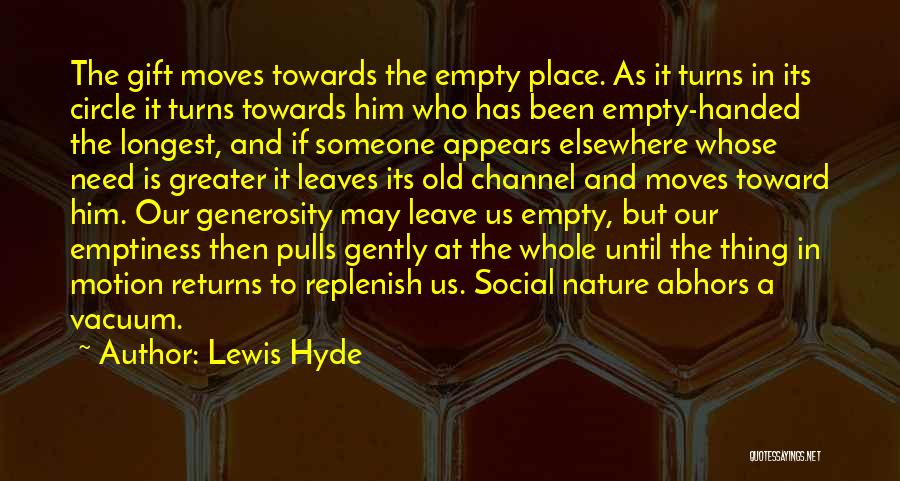 Lewis Hyde Quotes: The Gift Moves Towards The Empty Place. As It Turns In Its Circle It Turns Towards Him Who Has Been