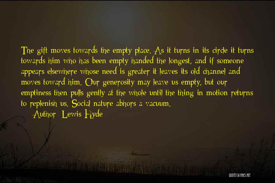 Lewis Hyde Quotes: The Gift Moves Towards The Empty Place. As It Turns In Its Circle It Turns Towards Him Who Has Been