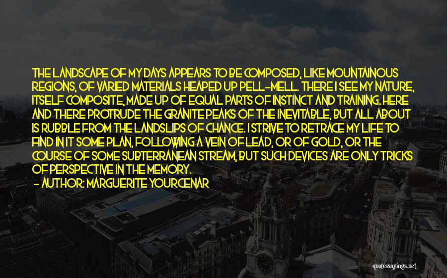 Marguerite Yourcenar Quotes: The Landscape Of My Days Appears To Be Composed, Like Mountainous Regions, Of Varied Materials Heaped Up Pell-mell. There I
