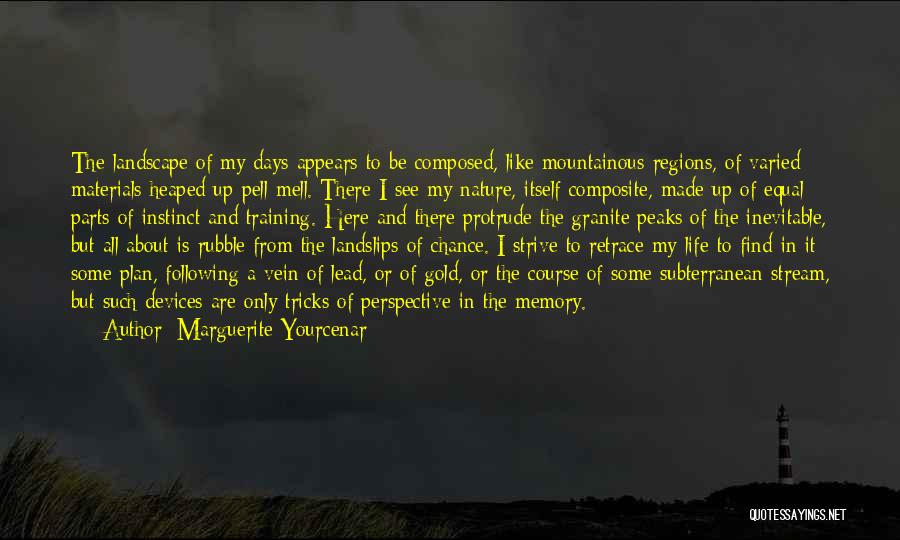 Marguerite Yourcenar Quotes: The Landscape Of My Days Appears To Be Composed, Like Mountainous Regions, Of Varied Materials Heaped Up Pell-mell. There I